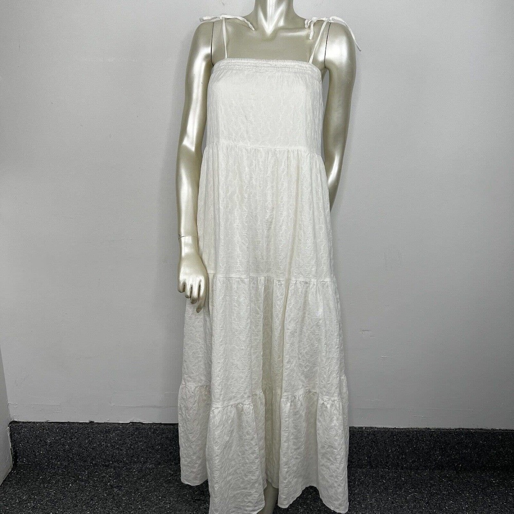 Express Maxi Dress Small White Textured Tiered Tie Shoulders